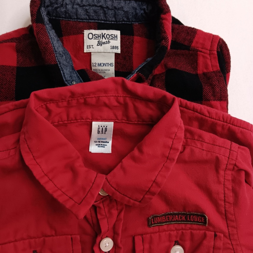 Baby Boys OshKosh B'gosh 12M Red Plaid Romper & Gap 12-18M Red Button Up Shirt